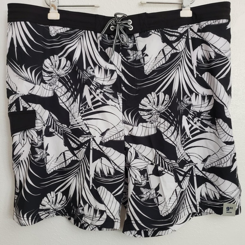 George Mens E-Board Swim Trunks with UPF 50+ Blk/White Leaves Size 3XL (48-50) - Picture 2 of 7
